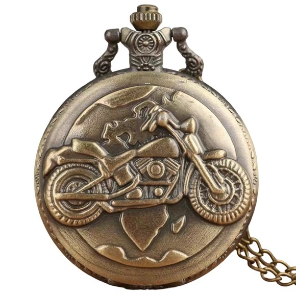 Motorcycle Pocket Watch Bronze Flip Open Pendant Chain Moto Steampunk Watch - Picture 2 of 16